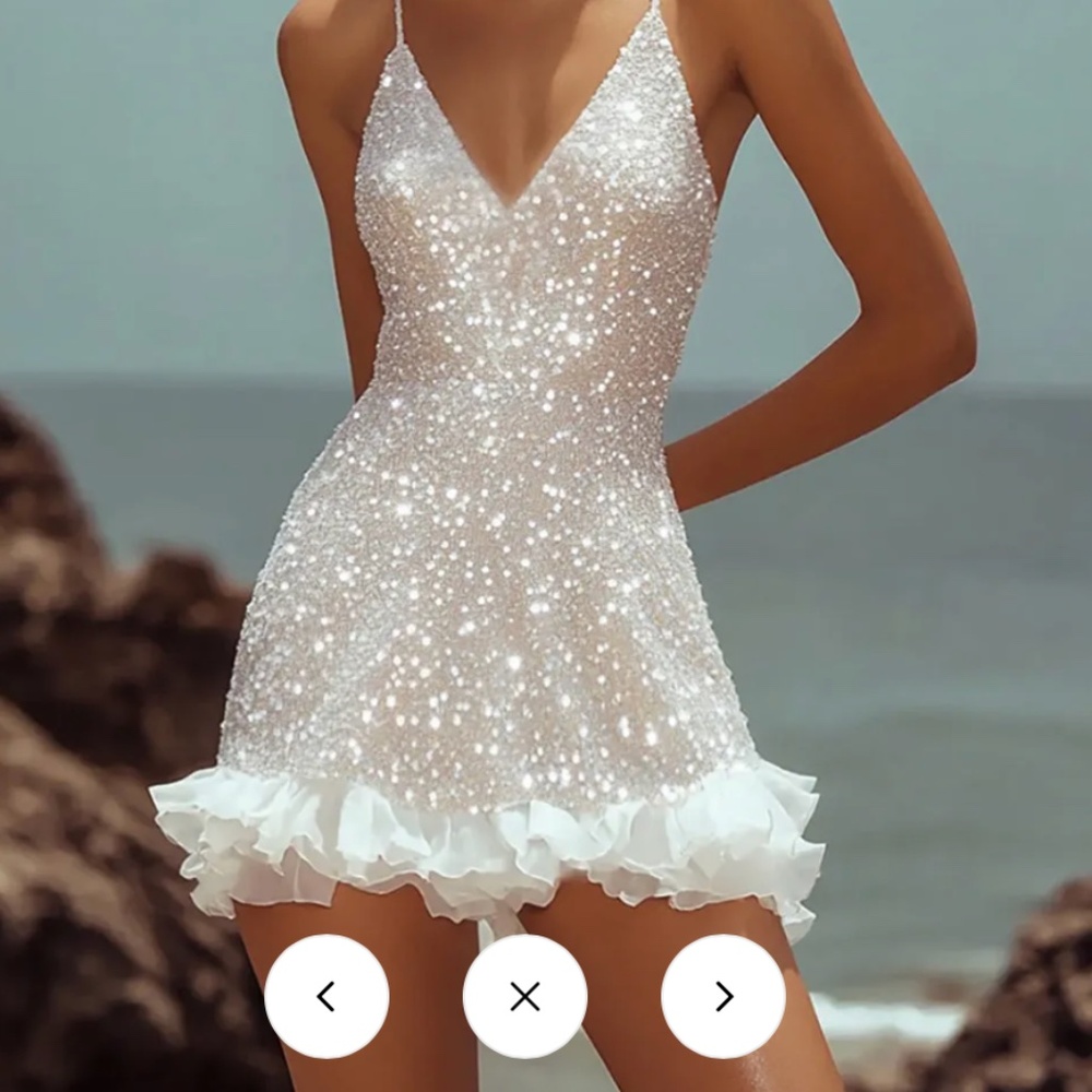 Sparkly White Sequined Bodycon Mini V-Neck Dress with Ruffles